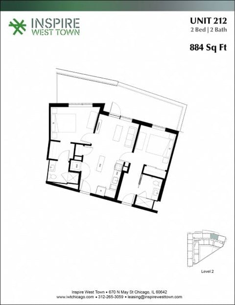 Floor plan for 2 beds, 2 baths, 884 sqft